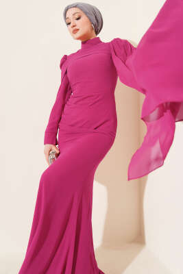 Omuz Pelerinli Balık Model Abiye Elbise Fuşya - Elbise