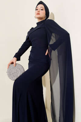 Omuz Pelerinli Balık Model Abiye Elbise Lacivert - CNR TEKSTİL