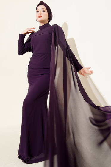 Omuz Pelerinli Balık Model Abiye Elbise Mor - Elbise