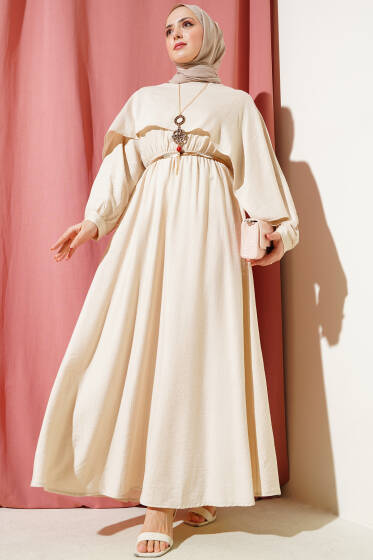 Omuz Pelerinli Bel Lastikli Elbise Bej - Elbise