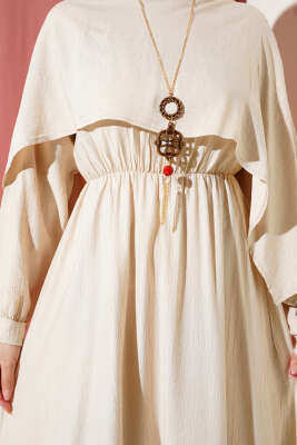 Omuz Pelerinli Bel Lastikli Elbise Bej - Tesettür Elbise