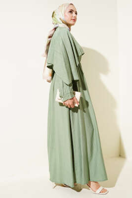 Omuz Pelerinli Bel Lastikli Elbise Çağla Yeşili - Tesettür Elbise