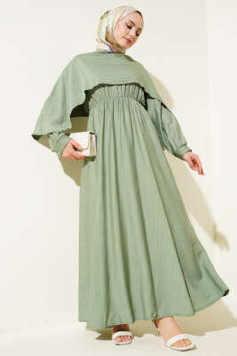 Omuz Pelerinli Bel Lastikli Elbise Çağla Yeşili - Tesettür Elbise