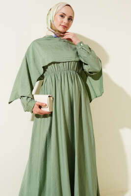 Omuz Pelerinli Bel Lastikli Elbise Çağla Yeşili - Tesettür Elbise