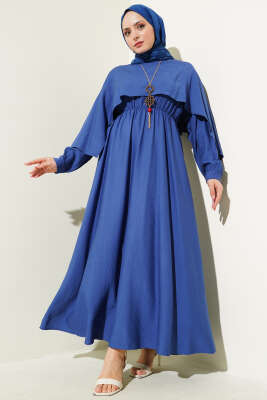 Omuz Pelerinli Bel Lastikli Elbise İndigo 