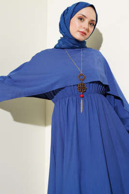 Omuz Pelerinli Bel Lastikli Elbise İndigo - Tesettür Elbise