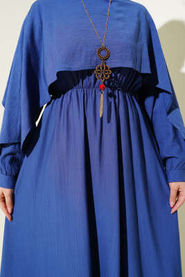 Omuz Pelerinli Bel Lastikli Elbise İndigo - Tesettür Elbise