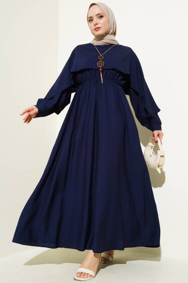 Omuz Pelerinli Bel Lastikli Elbise Lacivert - Elbise