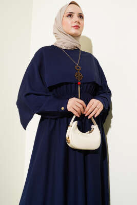 Omuz Pelerinli Bel Lastikli Elbise Lacivert - Tesettür Elbise