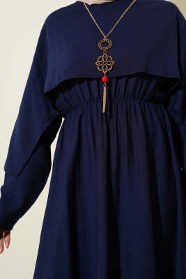 Omuz Pelerinli Bel Lastikli Elbise Lacivert - Tesettür Elbise