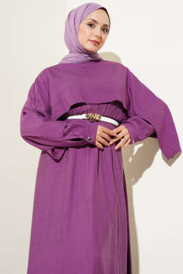 Omuz Pelerinli Bel Lastikli Elbise Magenta - Tesettür Elbise