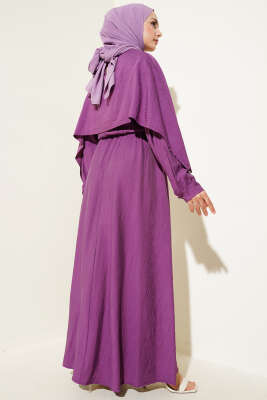 Omuz Pelerinli Bel Lastikli Elbise Magenta - Tesettür Elbise