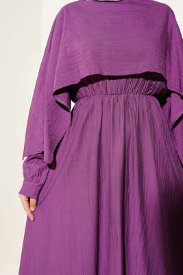 Omuz Pelerinli Bel Lastikli Elbise Magenta - Tesettür Elbise