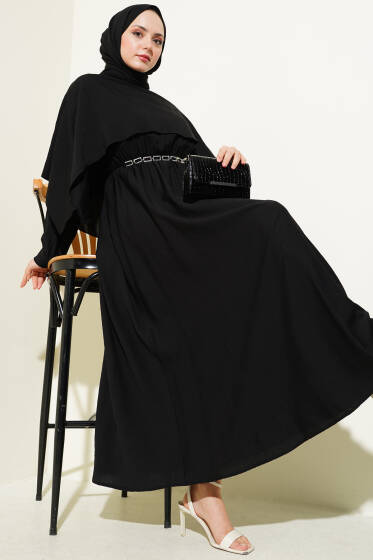 Omuz Pelerinli Bel Lastikli Elbise Siyah - Elbise