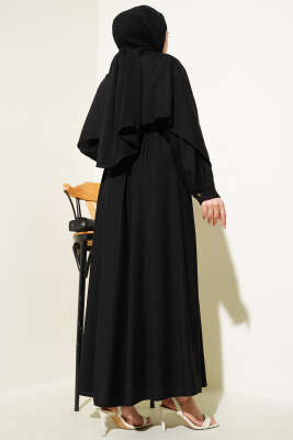 Omuz Pelerinli Bel Lastikli Elbise Siyah - Tesettür Elbise