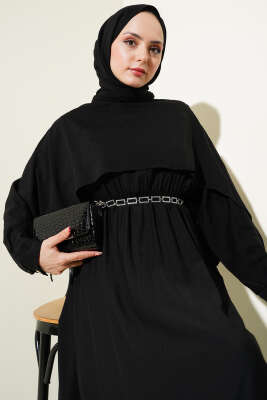 Omuz Pelerinli Bel Lastikli Elbise Siyah - Tesettür Elbise