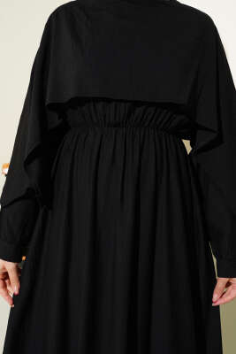 Omuz Pelerinli Bel Lastikli Elbise Siyah - Tesettür Elbise