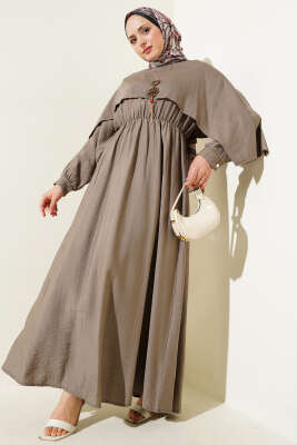 Omuz Pelerinli Bel Lastikli Elbise Sütlü Kahve - Tesettür Elbise