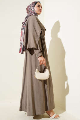 Omuz Pelerinli Bel Lastikli Elbise Sütlü Kahve - Tesettür Elbise