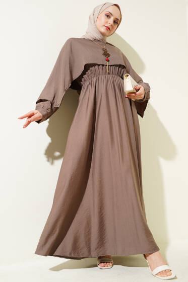 Omuz Pelerinli Bel Lastikli Elbise Vizon - Elbise