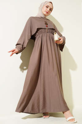 Omuz Pelerinli Bel Lastikli Elbise Vizon 