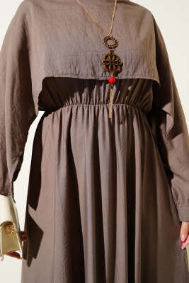 Omuz Pelerinli Bel Lastikli Elbise Vizon - Tesettür Elbise