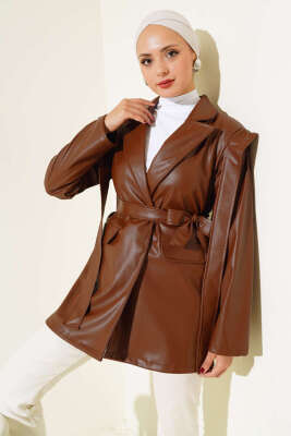 Omuz Pelerinli Deri Ceket Kahve 