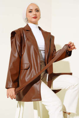 Omuz Pelerinli Deri Ceket Kahve - Ceket