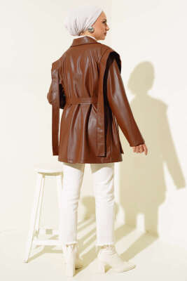 Omuz Pelerinli Deri Ceket Kahve - Ceket