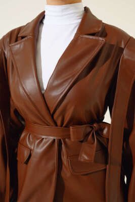 Omuz Pelerinli Deri Ceket Kahve - Ceket