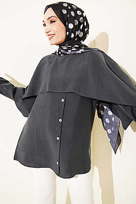 Omuz Pelerinli Düğme Detaylı Tunik Antrasit - NEVA MODA