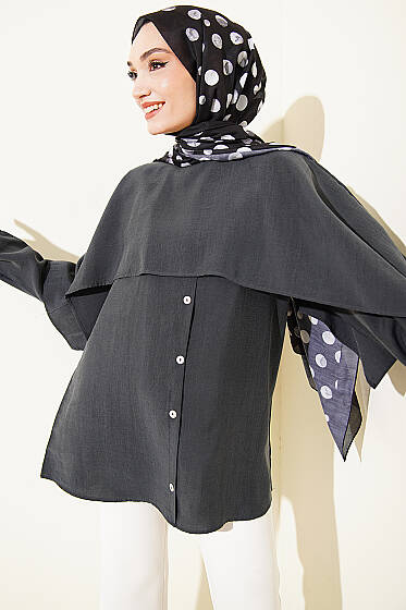Omuz Pelerinli Düğme Detaylı Tunik Antrasit - Tunik