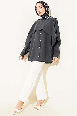 Omuz Pelerinli Düğme Detaylı Tunik Antrasit - Tunik