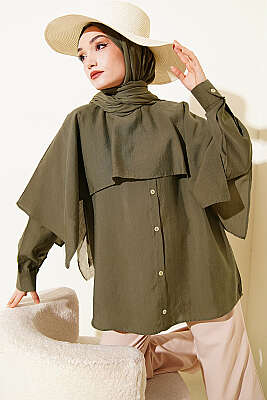 Omuz Pelerinli Düğme Detaylı Tunik Haki - NEVA MODA