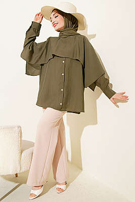 Omuz Pelerinli Düğme Detaylı Tunik Haki - Tunik