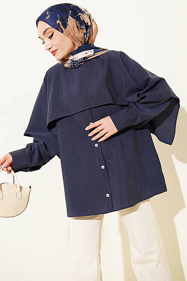Omuz Pelerinli Düğme Detaylı Tunik Lacivert - Tunik