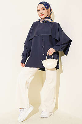 Omuz Pelerinli Düğme Detaylı Tunik Lacivert - Tunik