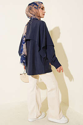 Omuz Pelerinli Düğme Detaylı Tunik Lacivert - Tunik