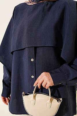 Omuz Pelerinli Düğme Detaylı Tunik Lacivert - Tunik