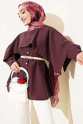 Omuz Pelerinli Düğme Detaylı Tunik Mürdüm - NEVA MODA