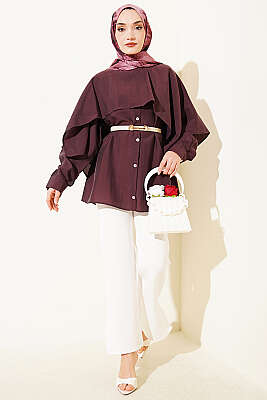 Omuz Pelerinli Düğme Detaylı Tunik Mürdüm - Tunik