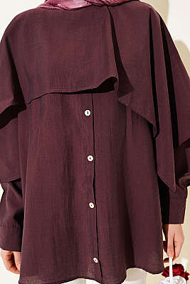 Omuz Pelerinli Düğme Detaylı Tunik Mürdüm - Tunik