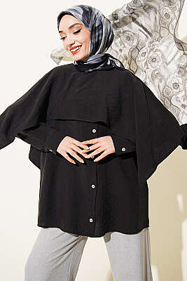 Omuz Pelerinli Düğme Detaylı Tunik Siyah 