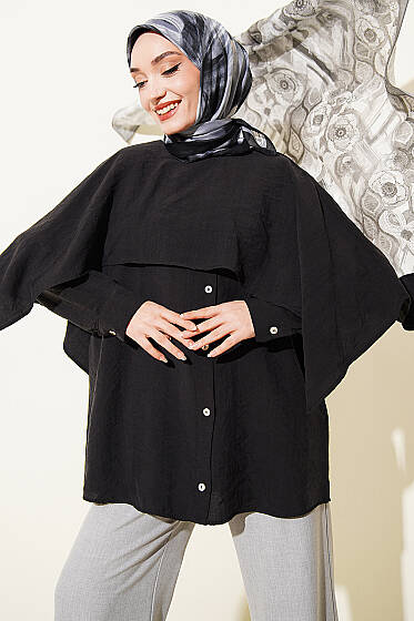 Omuz Pelerinli Düğme Detaylı Tunik Siyah - Tunik