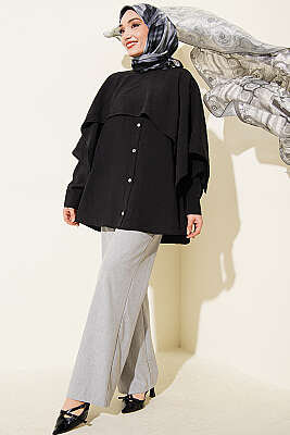 Omuz Pelerinli Düğme Detaylı Tunik Siyah - Tunik