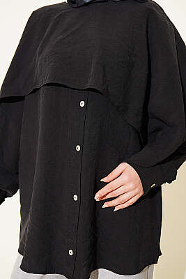 Omuz Pelerinli Düğme Detaylı Tunik Siyah - Tunik