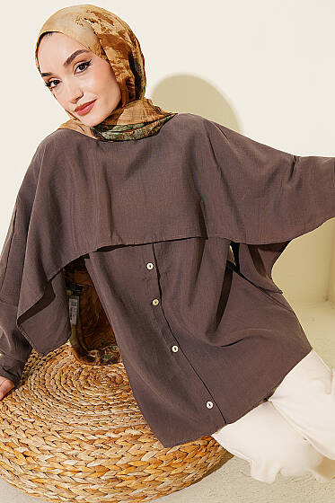 Omuz Pelerinli Düğme Detaylı Tunik Vizon - Tunik