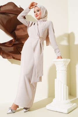 Omuz Pelerinli Elbise Bej - SEYLAN