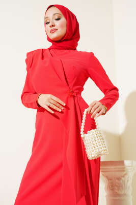 Omuz Pelerinli Elbise Kırmızı - Tesettür Elbise