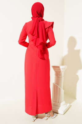 Omuz Pelerinli Elbise Kırmızı - Tesettür Elbise